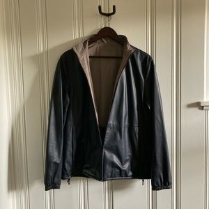 Theory leather jacket.  Reversible to protect leather during rain or wind.